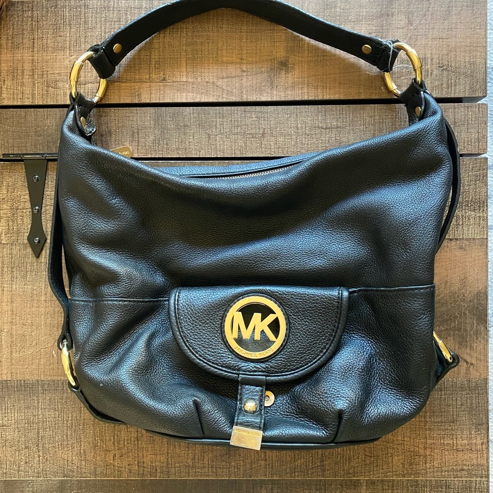 Michael Kors Black Leather Shoulder Bag with Gold Accents